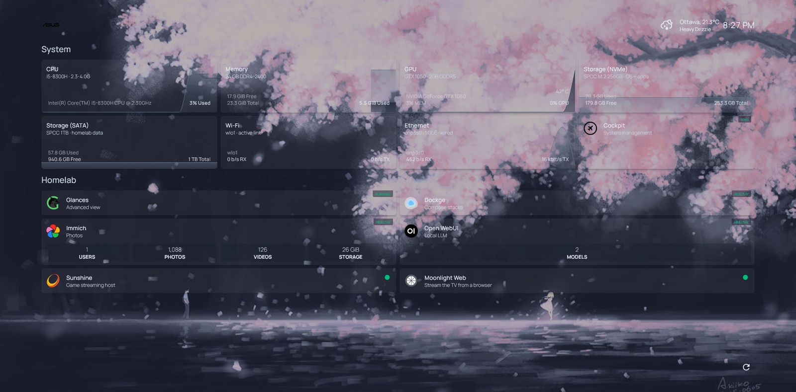 Homelab dashboard showing CPU, memory, GPU and storage panels above the running services