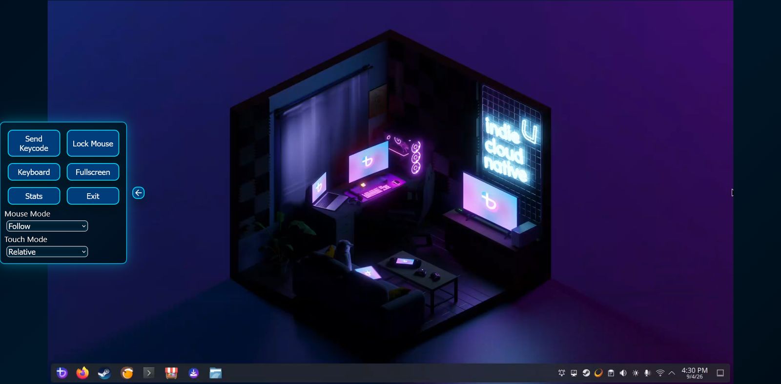 A desktop streamed to a browser through Moonlight Web, with the on-screen controls overlay open