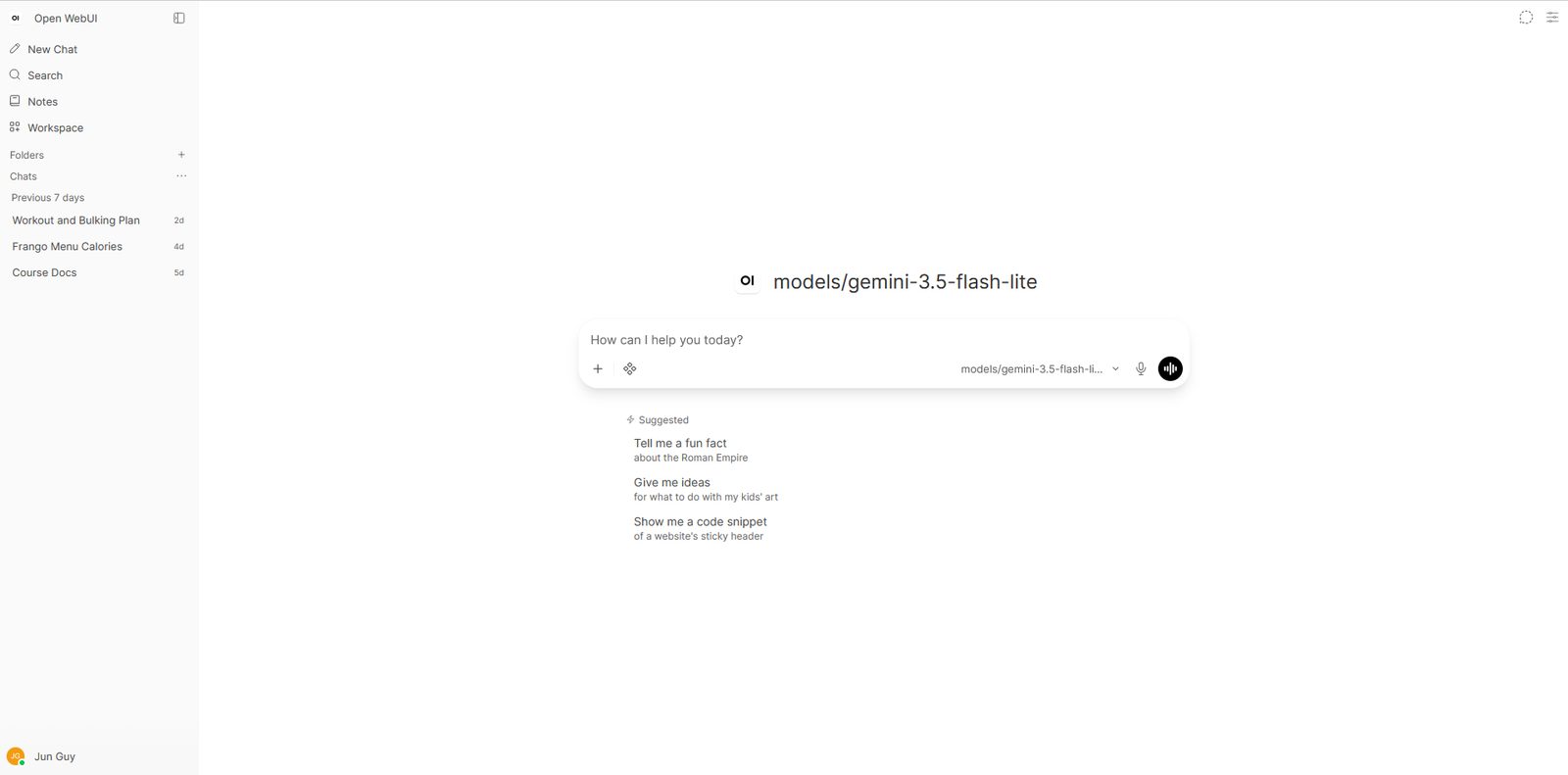 Open WebUI chat interface served from the homelab