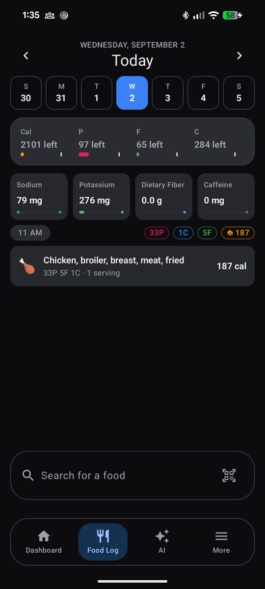 MacTrack food log screen showing the week strip, remaining macros, and a logged chicken entry