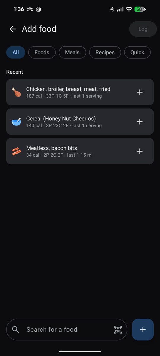 Add food screen with All, Foods, Meals, Recipes and Quick tabs and a list of recent foods